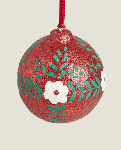 GLITTER FLORAL BALL CHRISTMAS DECORATION